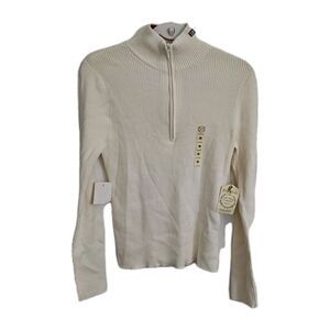 Ralph Lauren Sweater Women Large Cream Ribbed Half Zip Flag Hongkong Vintage NWT